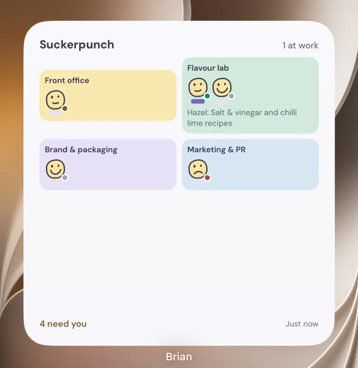 An iPhone home screen widget showing four departments, each with Nev faces and status dots, and the words 4 need you.